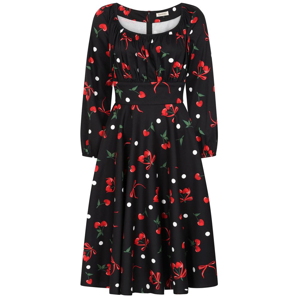 Banned - Mina Cherries And Bows Swing Flare Kleid - Schwarz